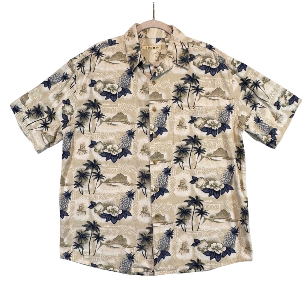 Summa Mens‎ Large 100% Silk Hawaiian Shirt Marlin Pineapple Tropical Beige Blue